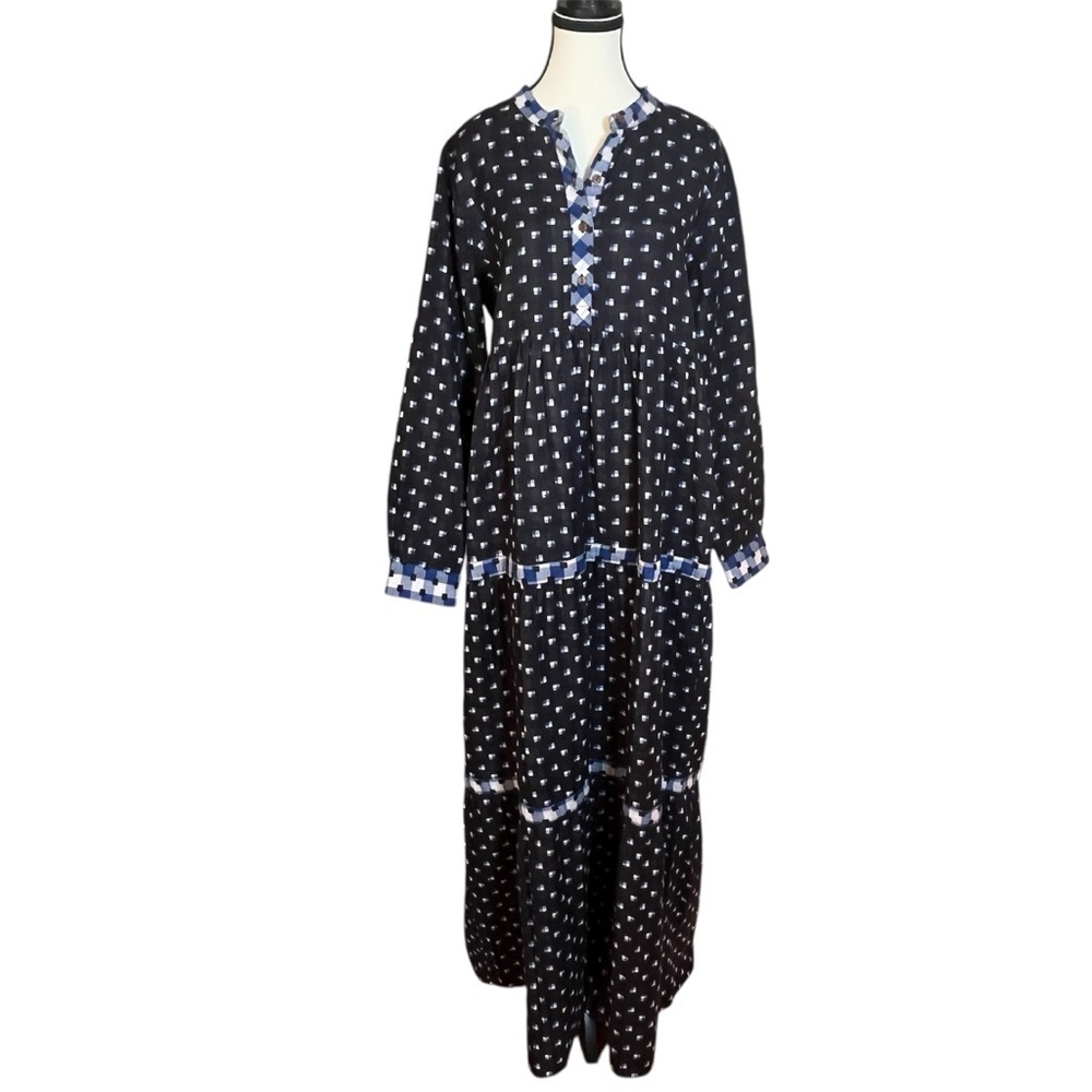 WARM NY Colonial Tiered Maxi Dress Peasant Cottagecore Blue Checked Size M NEW